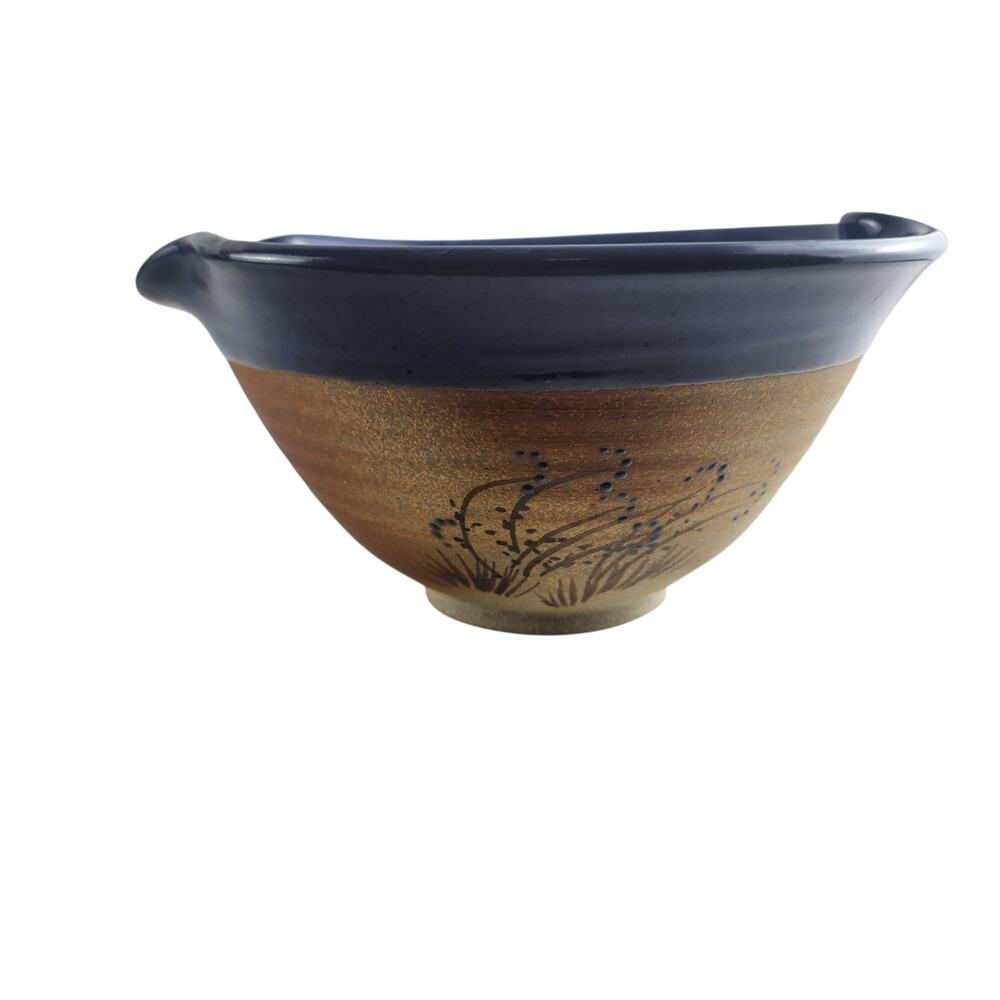 Studio Art Pottery Batter Mixing Bowl Dul-Tone Blue/Natural Clay Hand-Painted